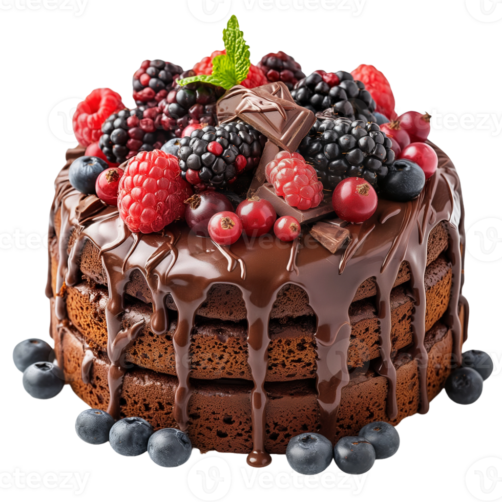 Delicious Chocolate Cake Topped with Fresh Berries and Mint Leaf png