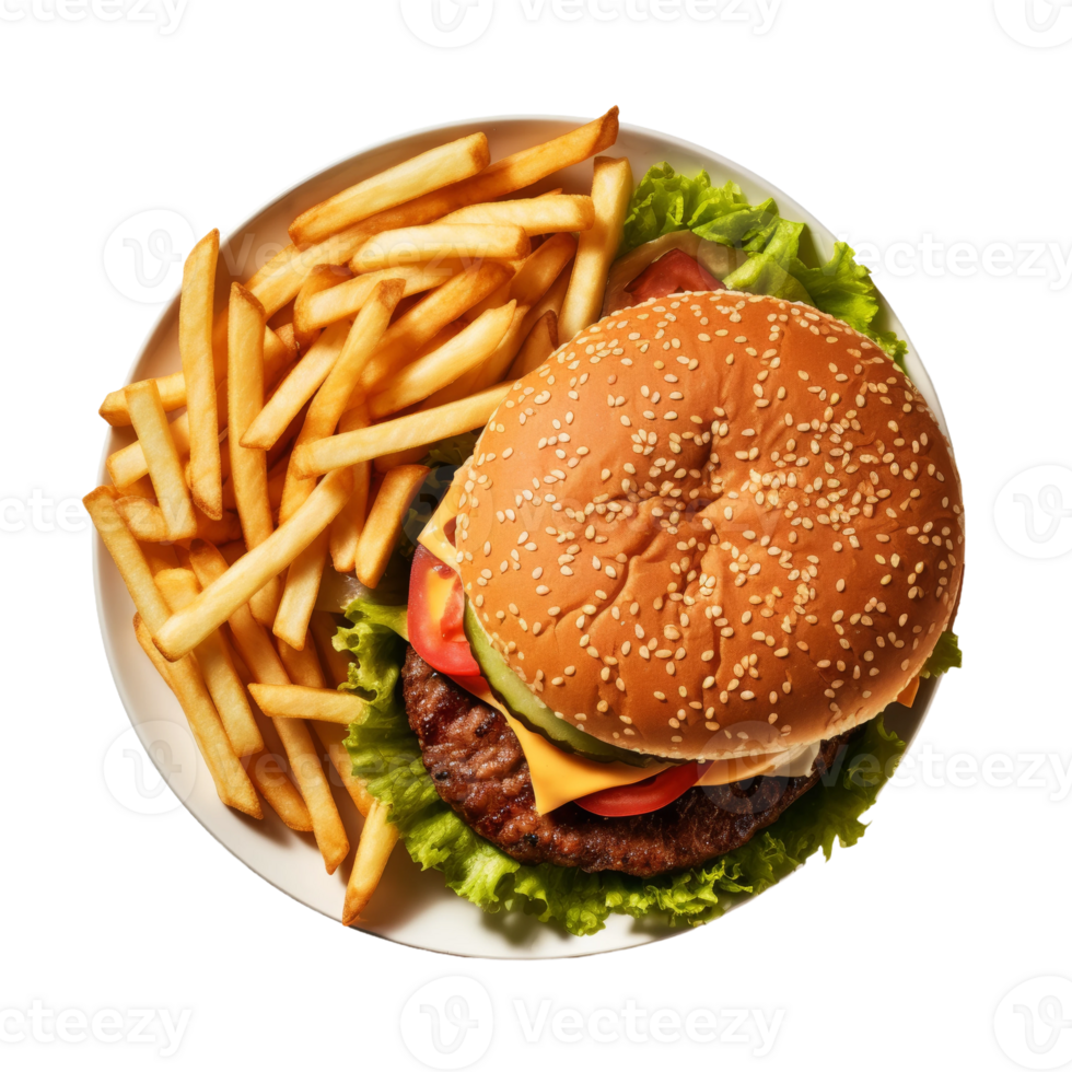 Delicious Cheeseburger with French Fries on White Plate png