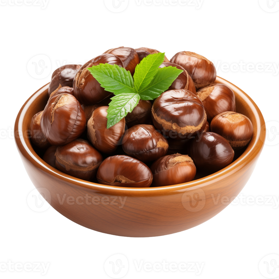 Bowl of fresh chestnuts with leaves png