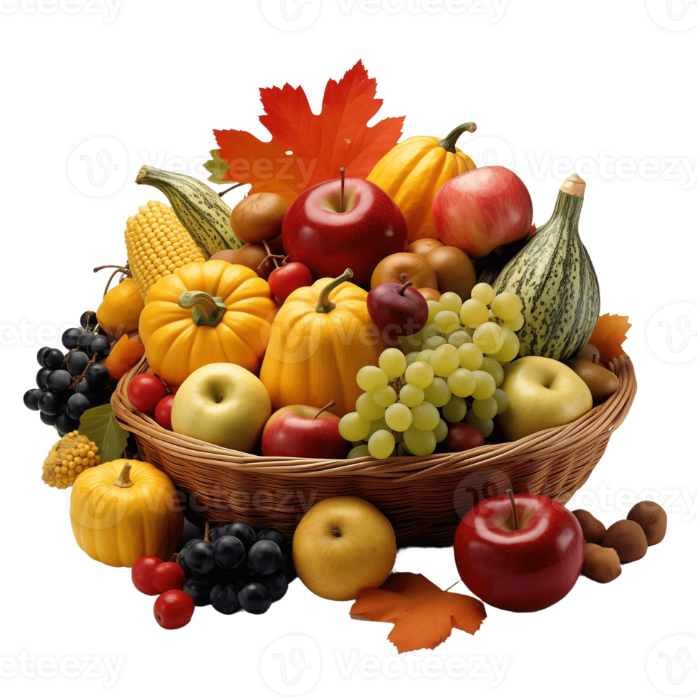 Autumn Harvest Basket with Various Fruits and Vegetables png