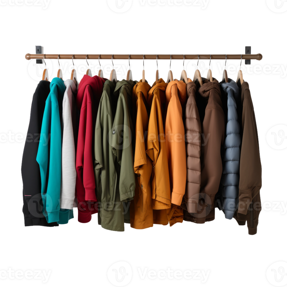 Colorful Jackets Hanging on Rack on Transparent Background png