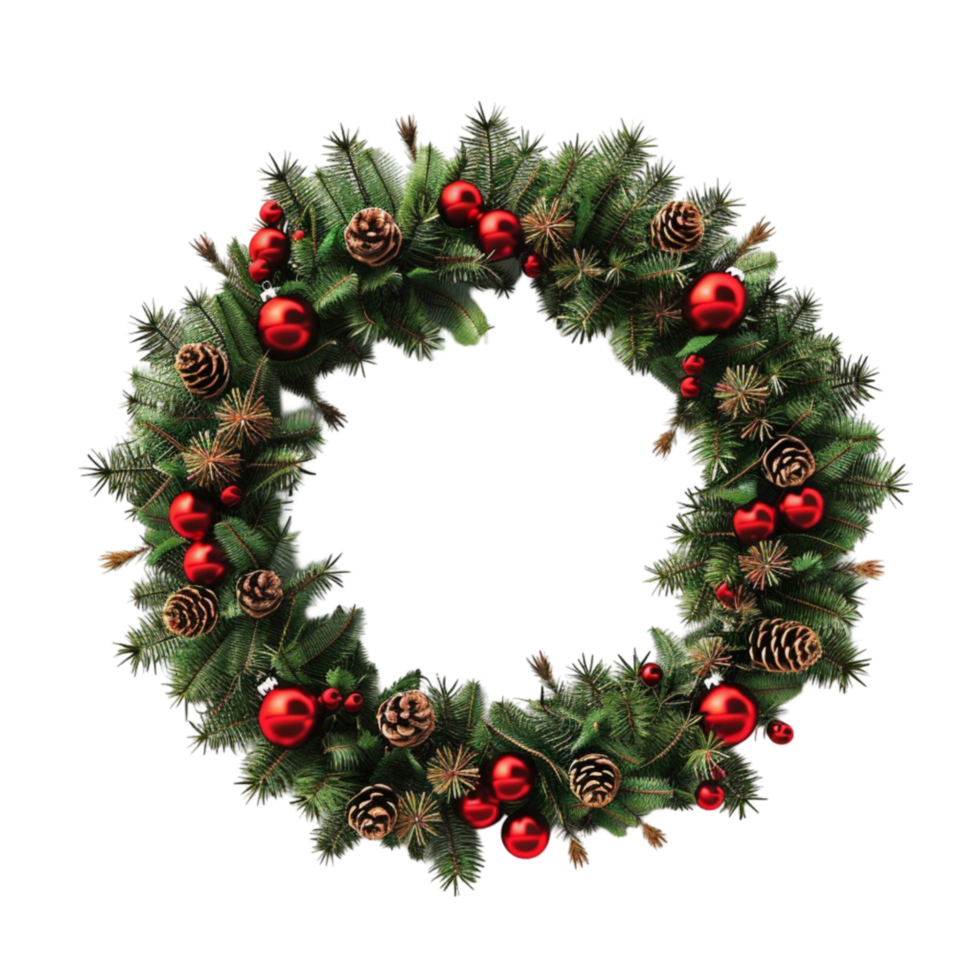 Christmas wreath with pine cones and red berries On transparent background. png