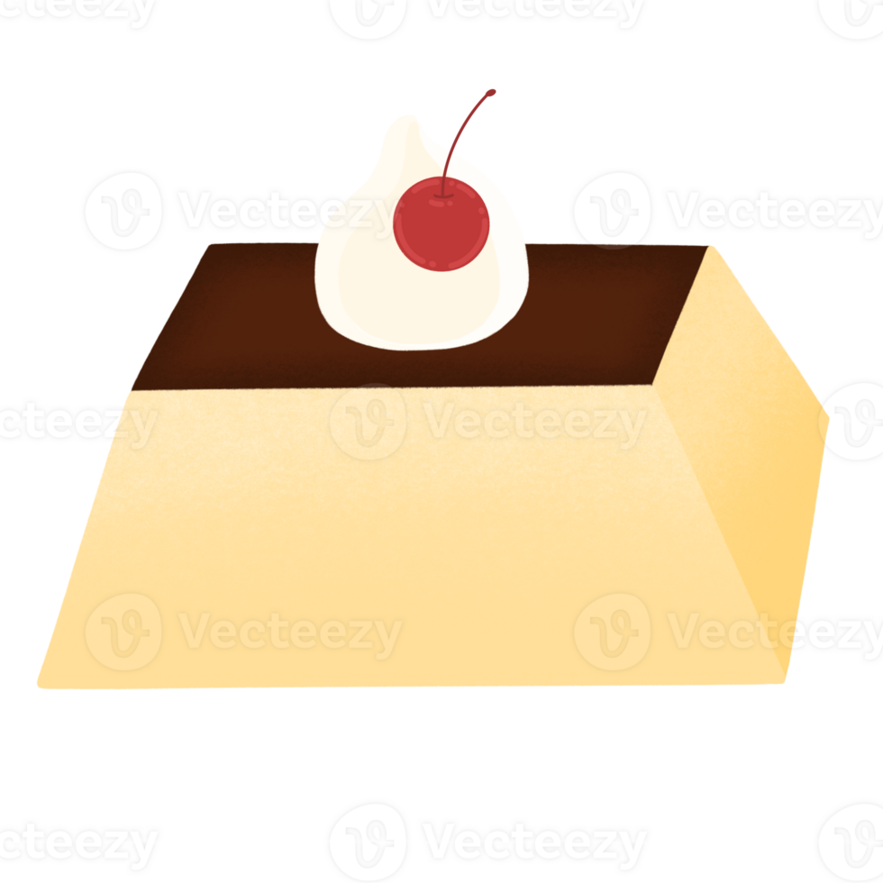 Square Pudding With Topping Cherry And Whipped Cream Cartoon illustration png