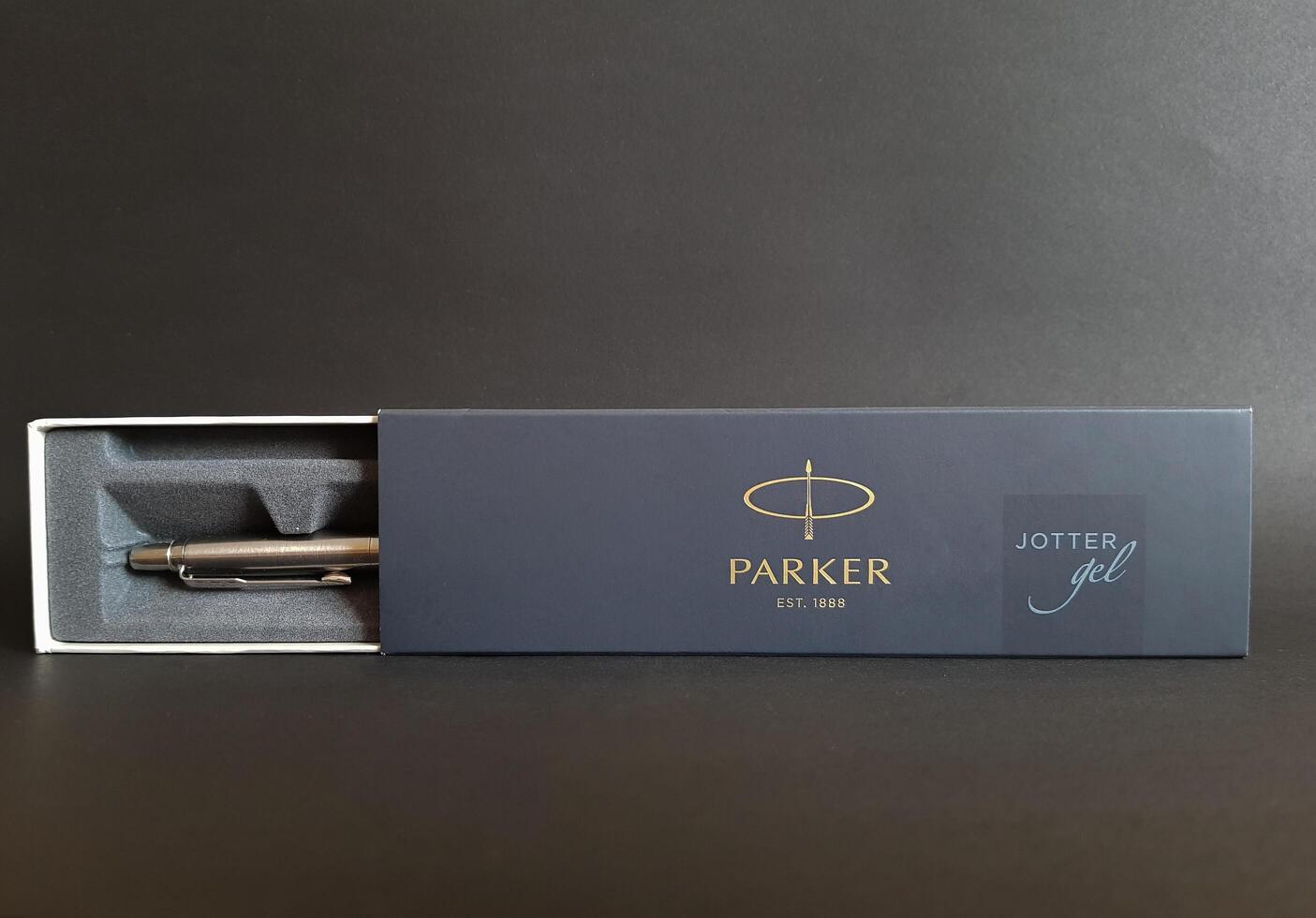 Paris, France-11.08.2020 Parker Ballpoint pen on a black isolated background. Parker pen in a box top view photo
