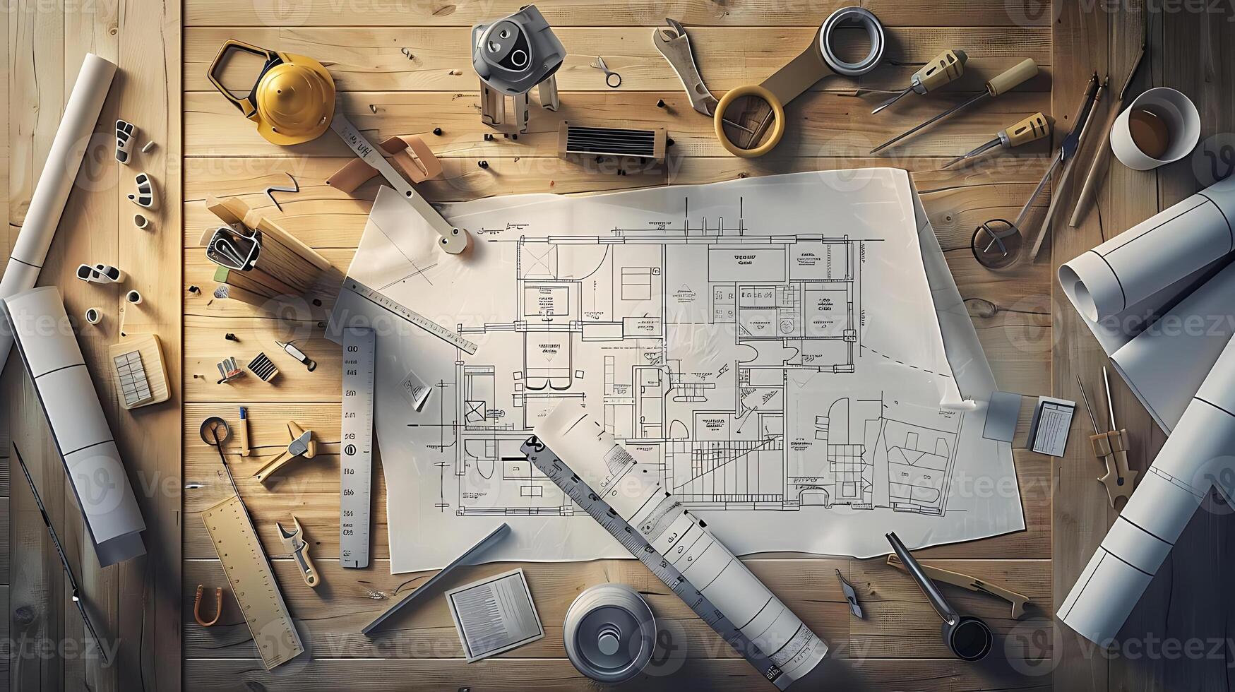 Top view of blueprints and architectural drawings with construction tools on a wooden table, flat layout photo