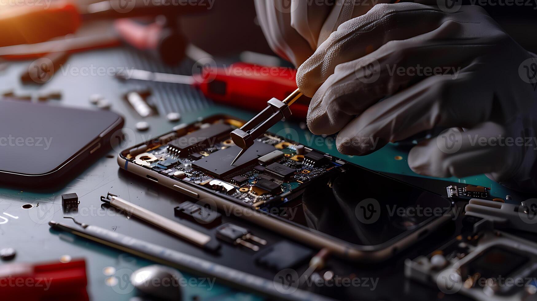 close-up of hands repairing smartphone with precision tools, technology service expertise photo