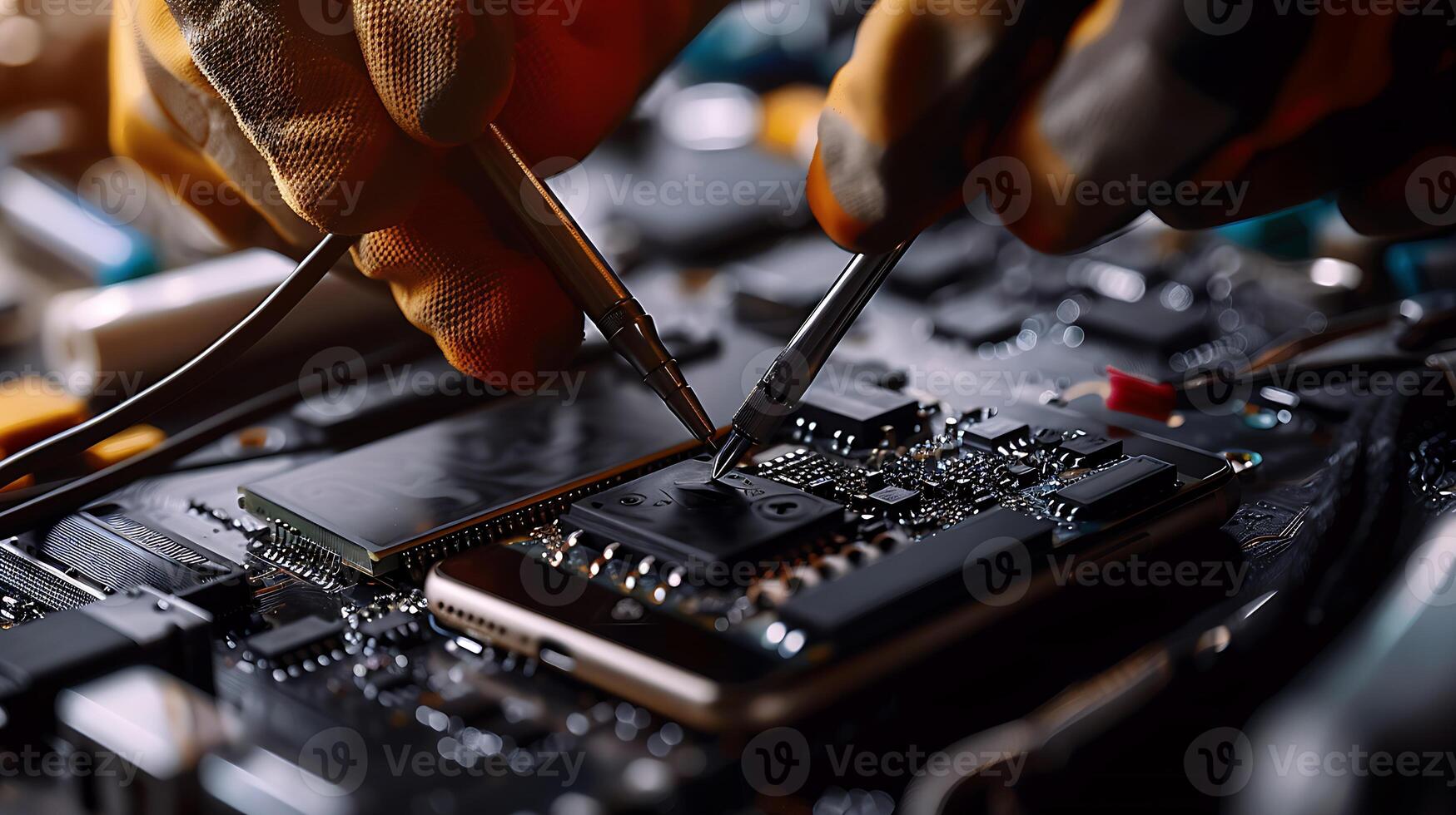 close-up of hands repairing smartphone with precision tools, technology service expertise photo