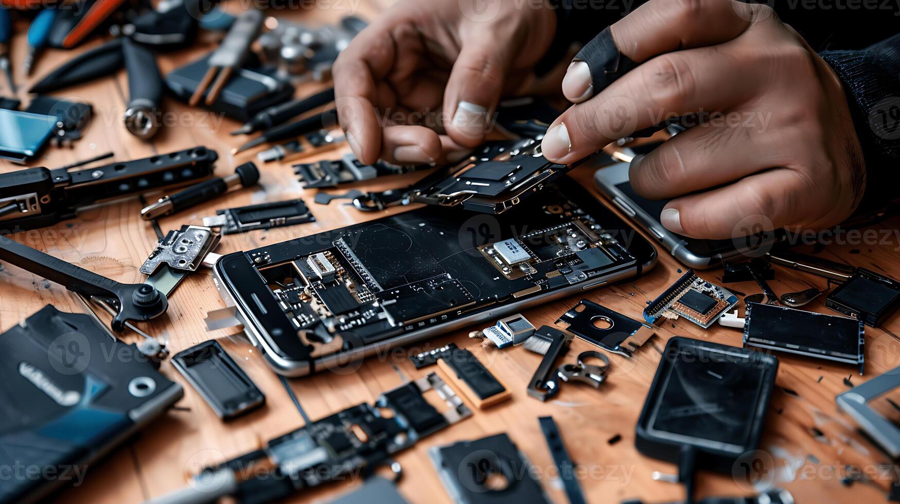 technician repairing smartphone, electronic components on worktable, technology repair photo