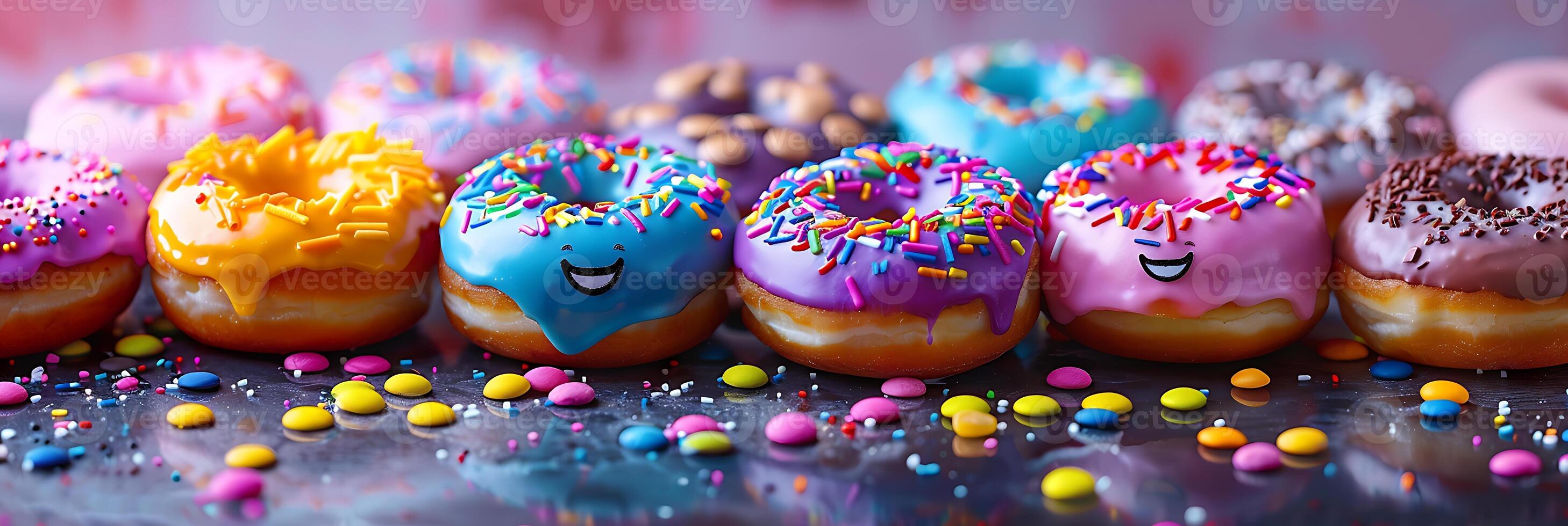 vibrant assorted donuts with colorful sprinkles, focus on purple glazed donut, bokeh background, panoramic format photo