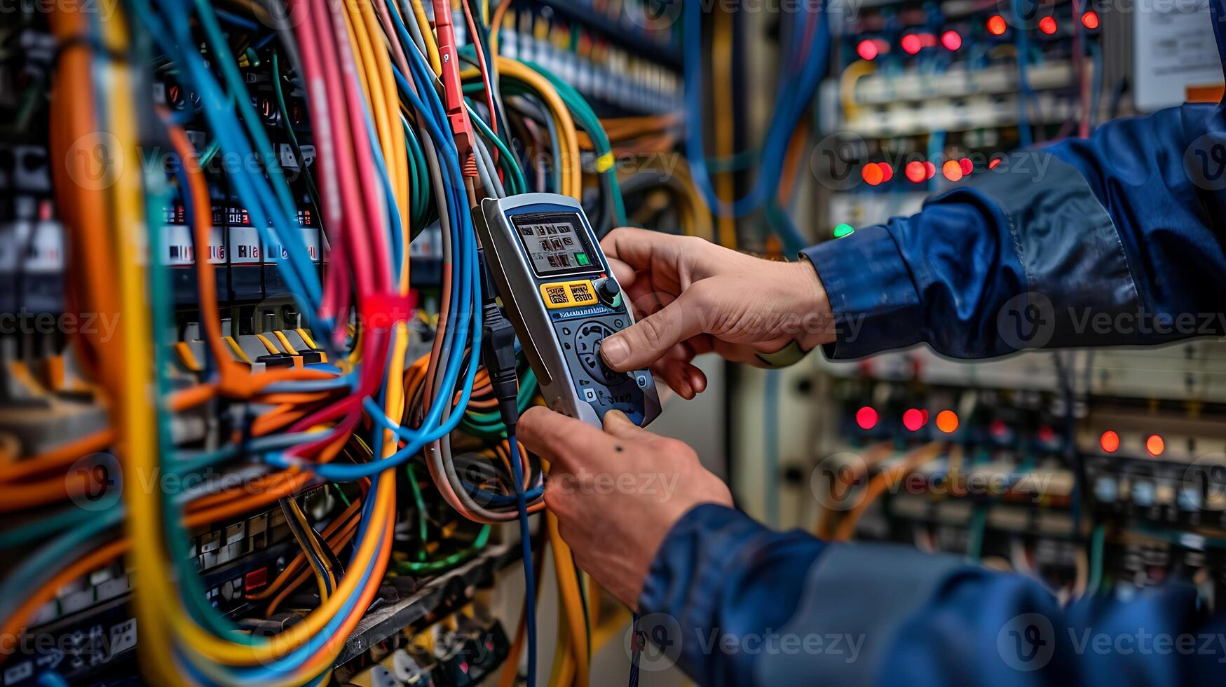 electrician using multimeter on complex control panel, colorful wires, focusing on device and hands, technical skill photo