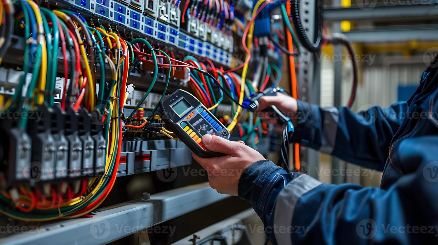 electrician using multimeter on complex control panel, colorful wires, focusing on device and hands, technical skill photo