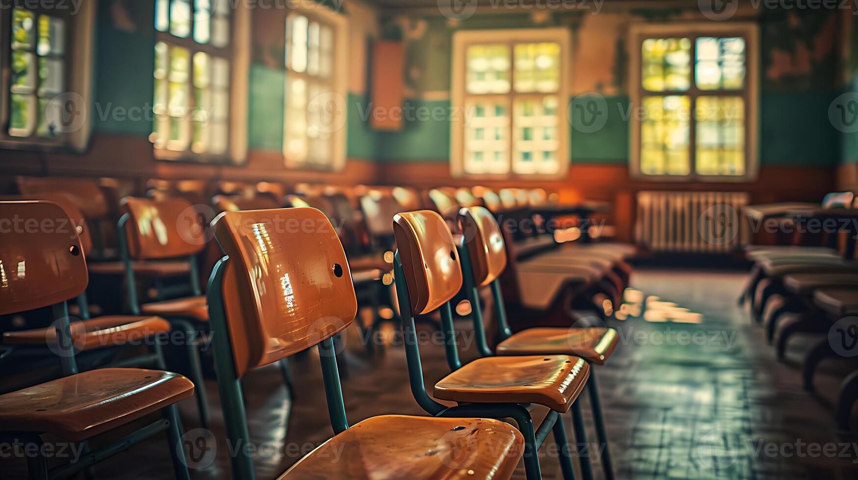 empty classroom with rows of desks and chairs, sunlight filtering through windows, quiet learning space photo