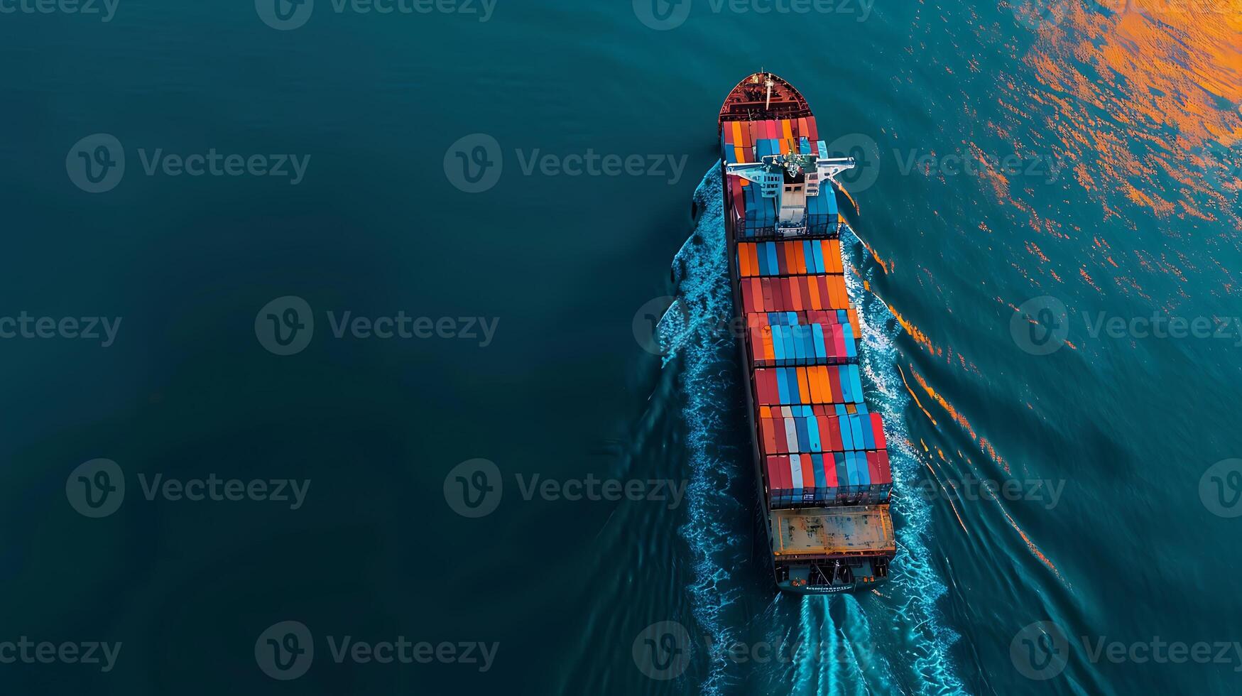 aerial shot of cargo ship with colorful containers, deep blue waters, global trade photo