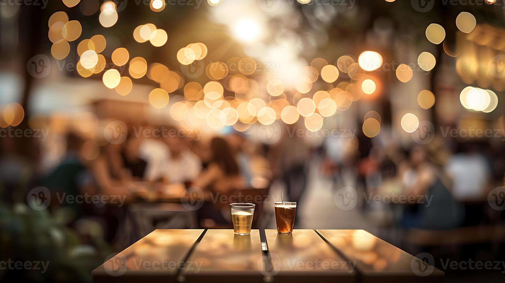lively outdoor gathering with warm glowing lights, bokeh effect, social event at twilight photo