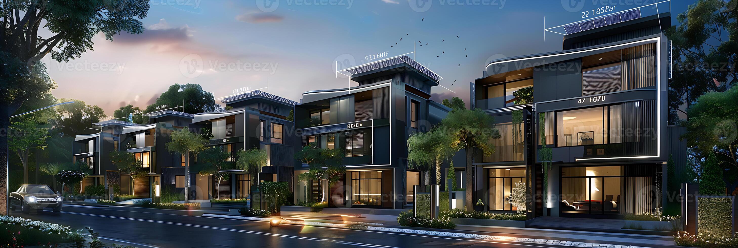 futuristic neighborhood at dusk with smart homes, digital data overlays, eco-friendly atmosphere photo