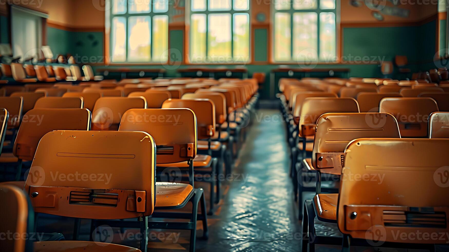 empty classroom with rows of desks and chairs, sunlight filtering through windows, quiet learning space photo