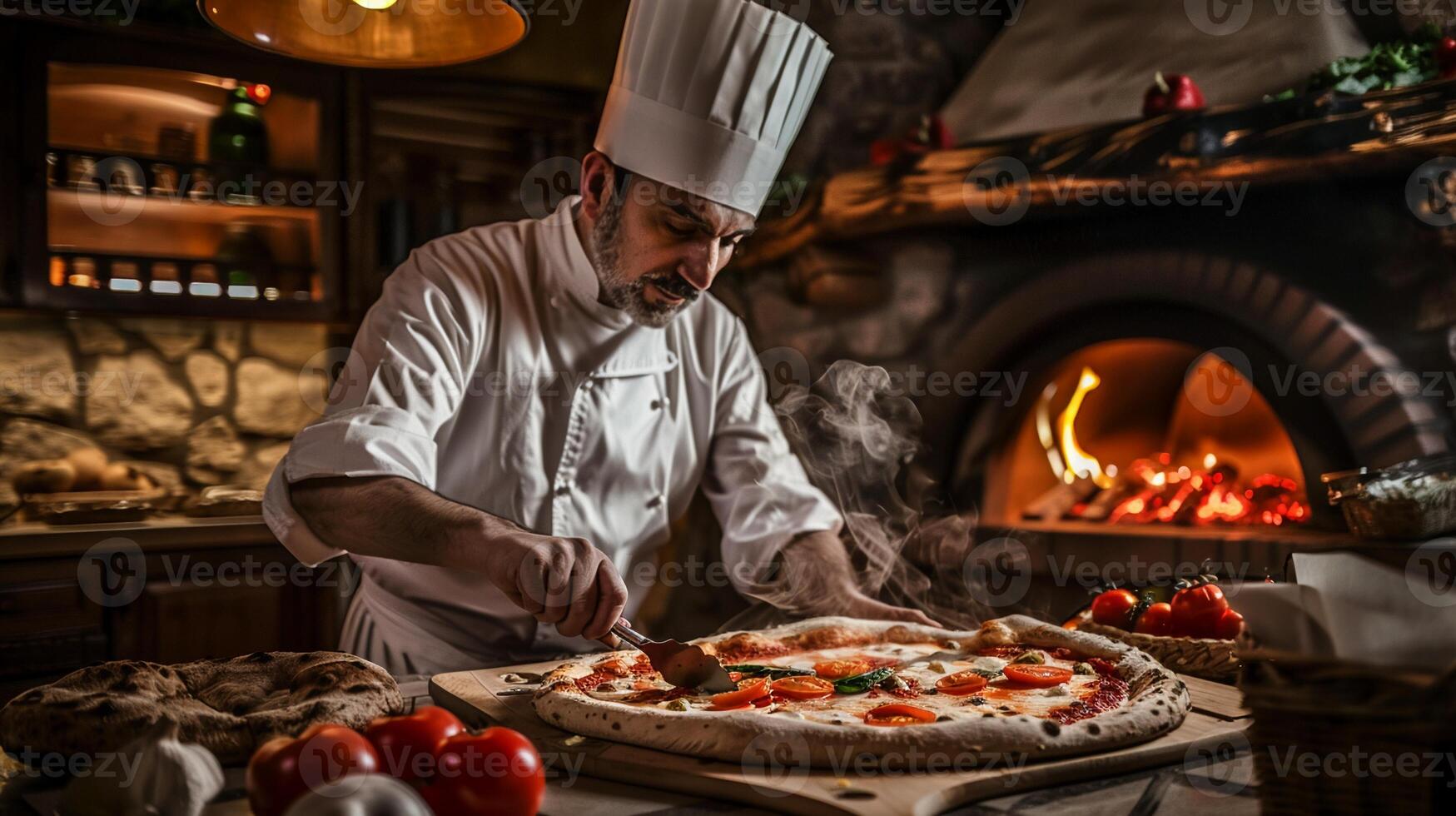 chef garnishing pizza in traditional uniform, blazing pizza oven, cozy Italian restaurant photo