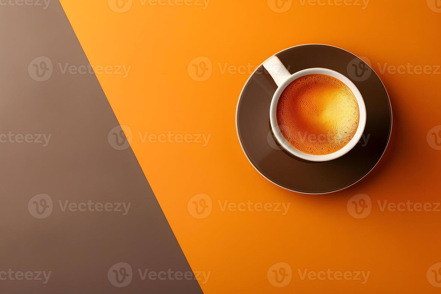 Flat lay of a coffee cup on a brown and orange background, space for copy or design photo