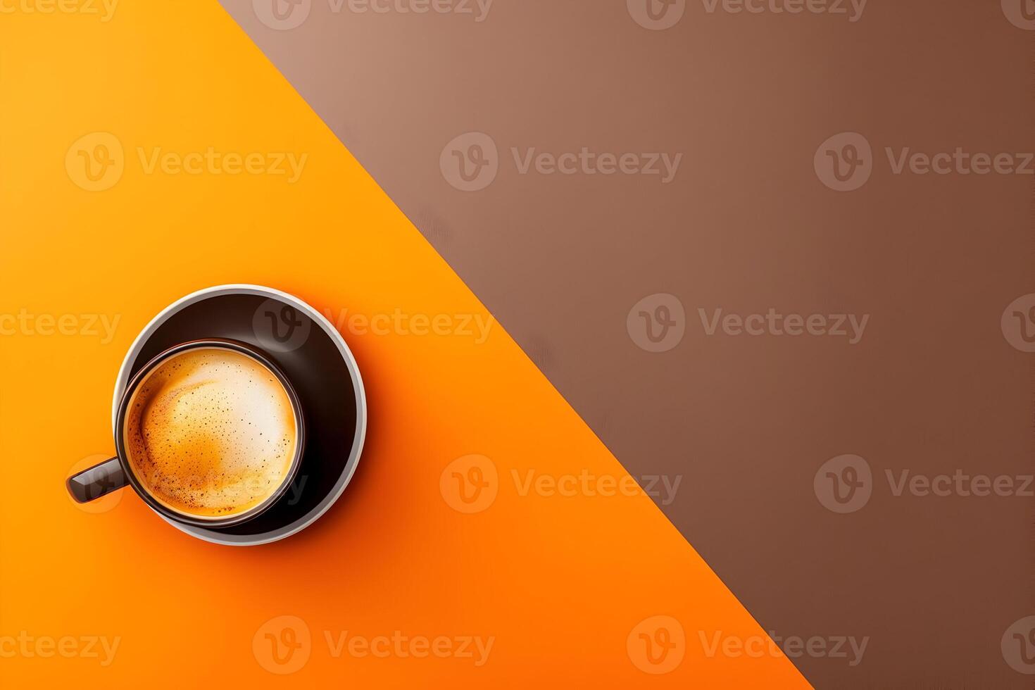 Flat lay of a coffee cup on a brown and orange background, space for copy or design photo
