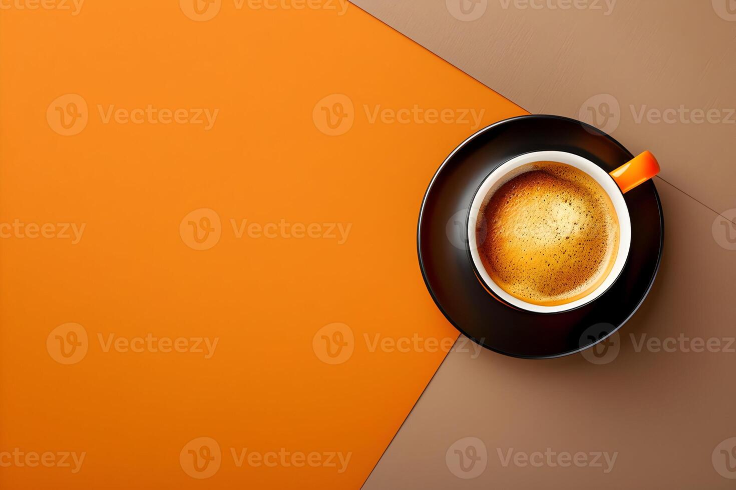 Flat lay of a coffee cup on a brown and orange background, space for copy or design photo