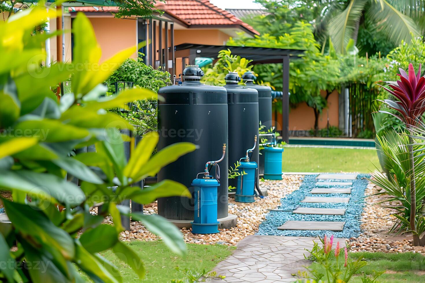 Residential Outdoor Water Filtration System in Lush Garden Setting photo