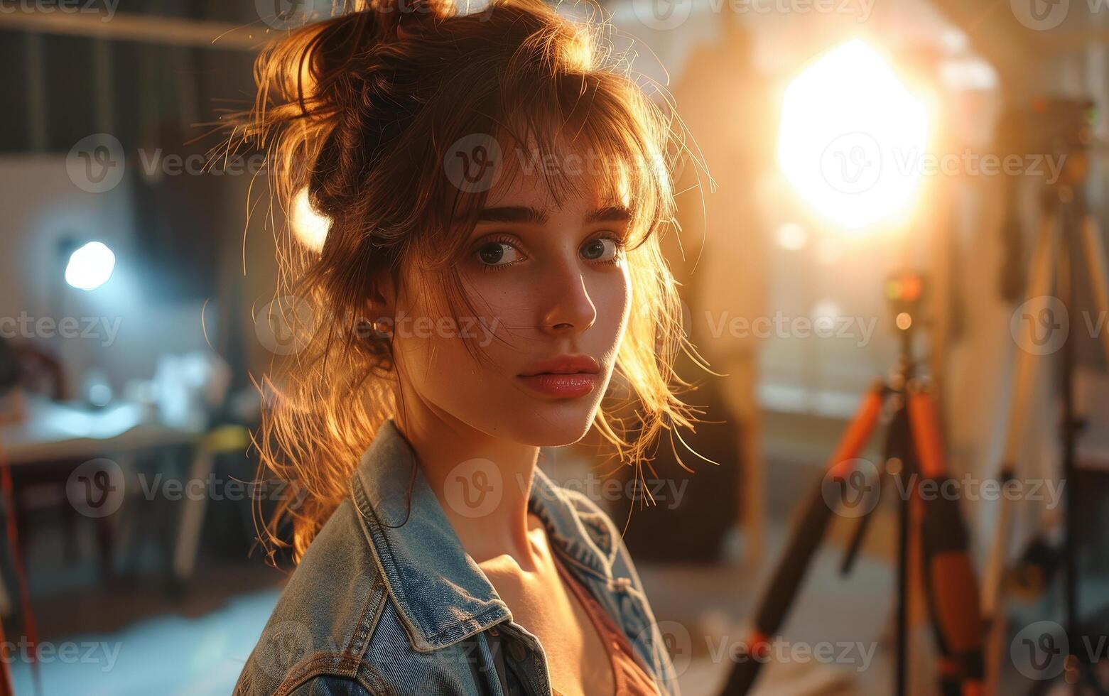 Young Woman With Messy Bun Posing for a Portrait in a Studio photo