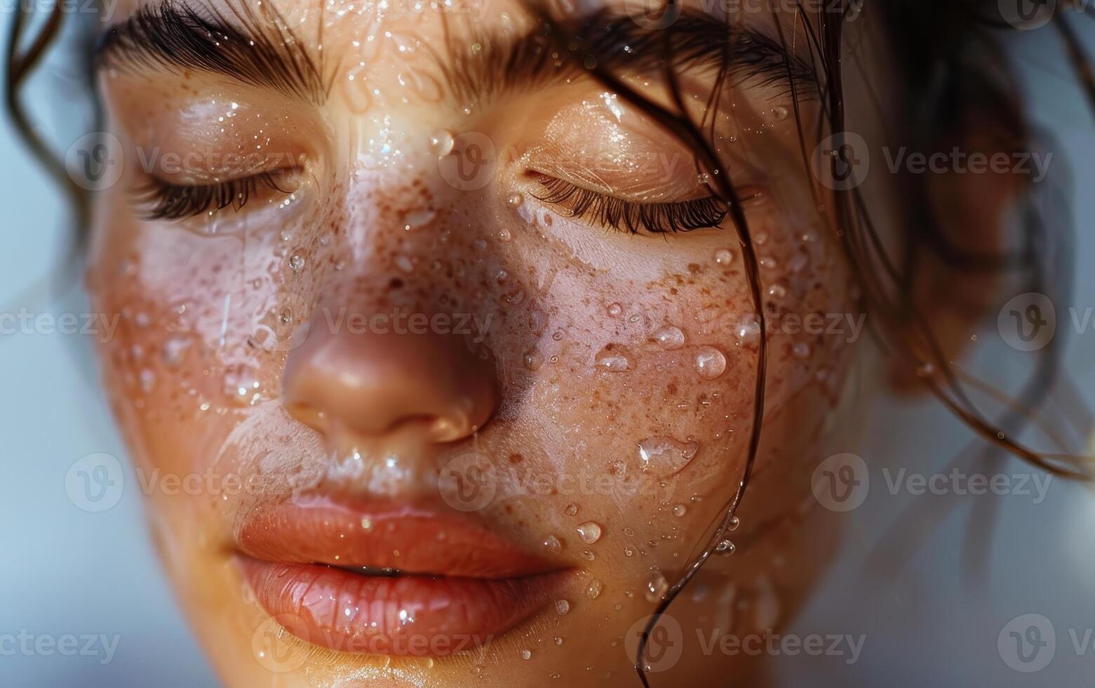 Close Up Of A Womans Face Covered In Water Drops photo