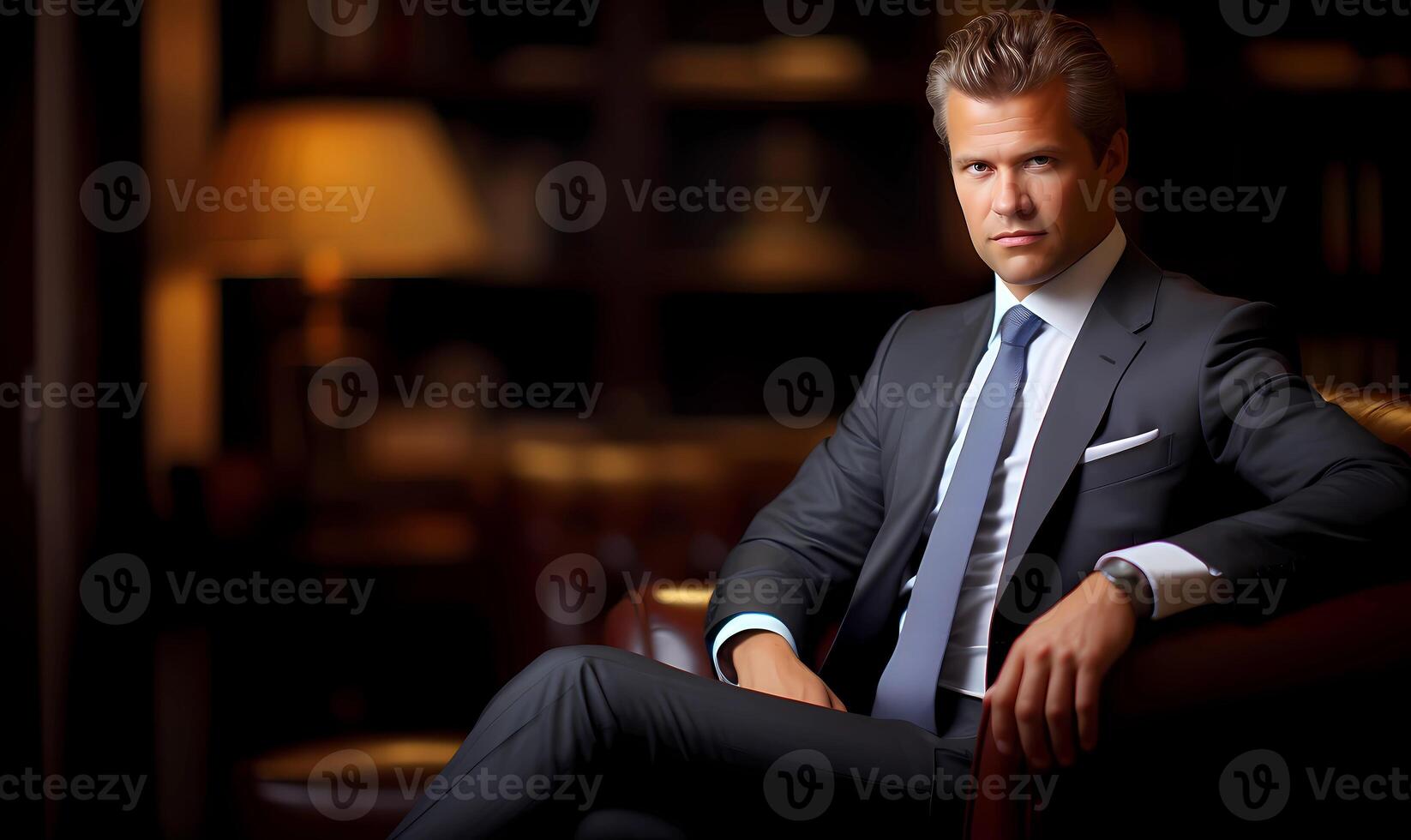 Well-dressed businessman exudes confidence and leadership while seated comfortably in a luxurious, dimly-lit office, portraying success, professionalism, and corporate prestige photo