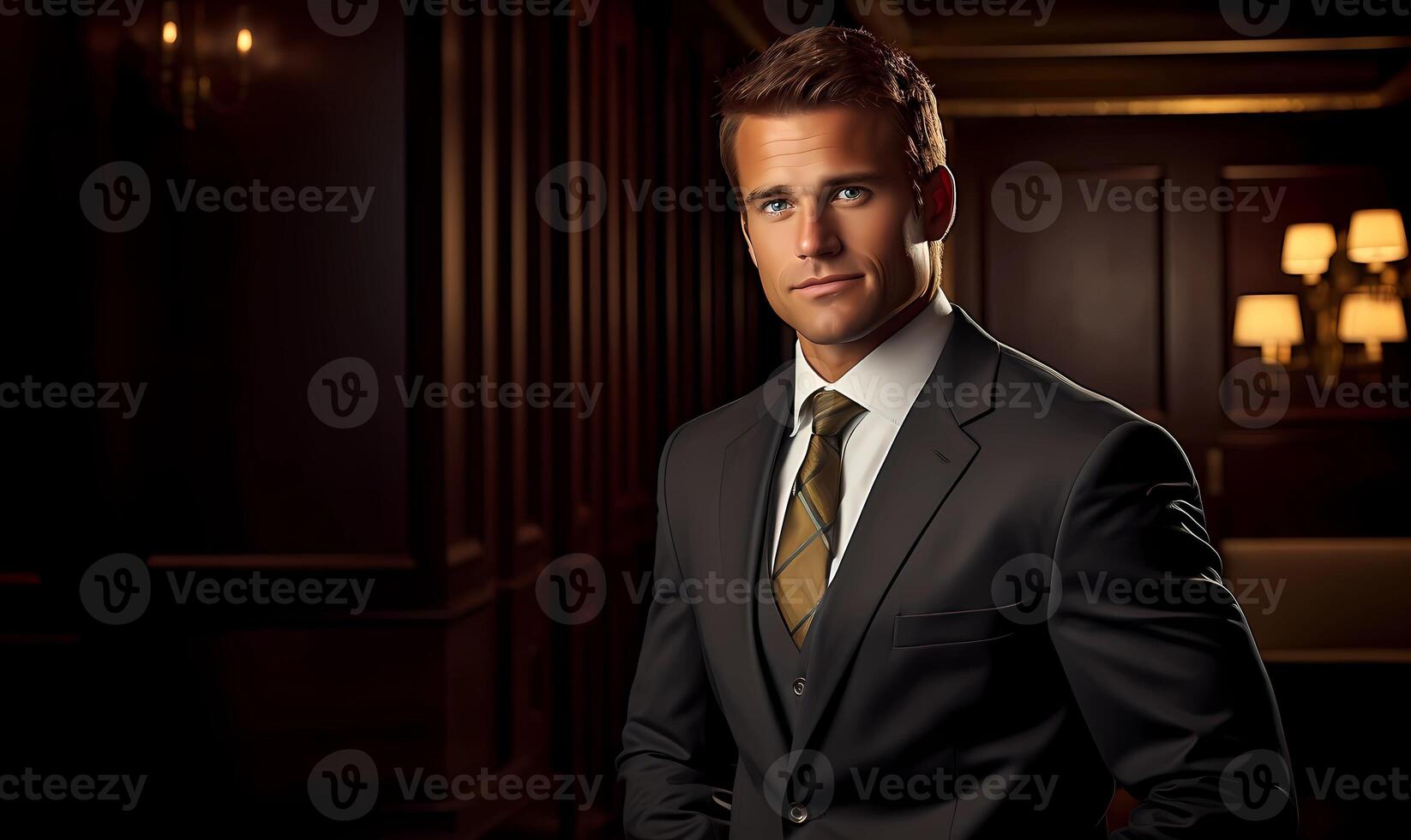 Confident young businessman in a sophisticated dark suit and tie, standing in a luxurious interior with warm ambient lighting that accentuates his professional presence photo