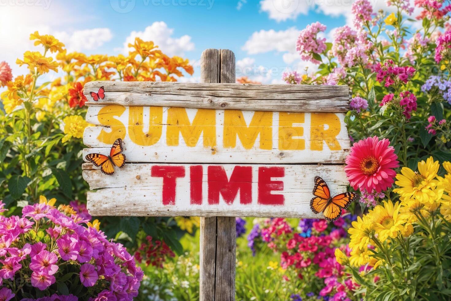Wooden summer time sign surrounded by colorful flowers and butterflies photo