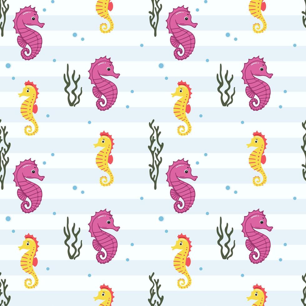 Seamless pattern with seahorse. Cute marine animals. Colorful background with underwater characters. vector