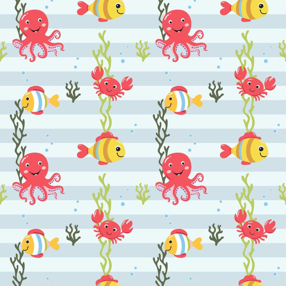 Seamless pattern with octopus, fish, crab. Cute marine animals. Cartoon sea. Colorful background with underwater characters. vector