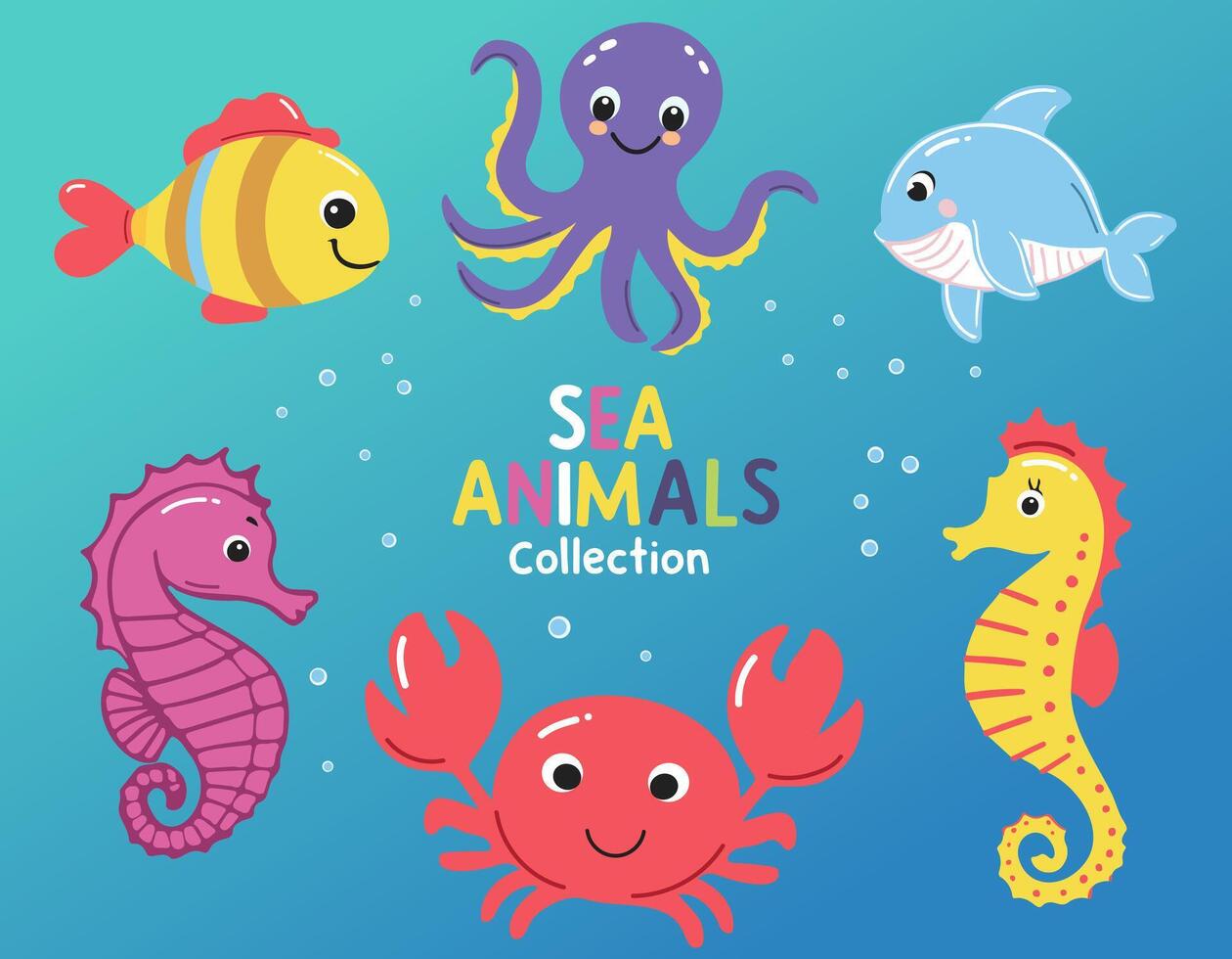 Set of marine animals. Inhabitants of the sea, cute crab, octopus, seahorse. Flat cartoon underwater sea life vector