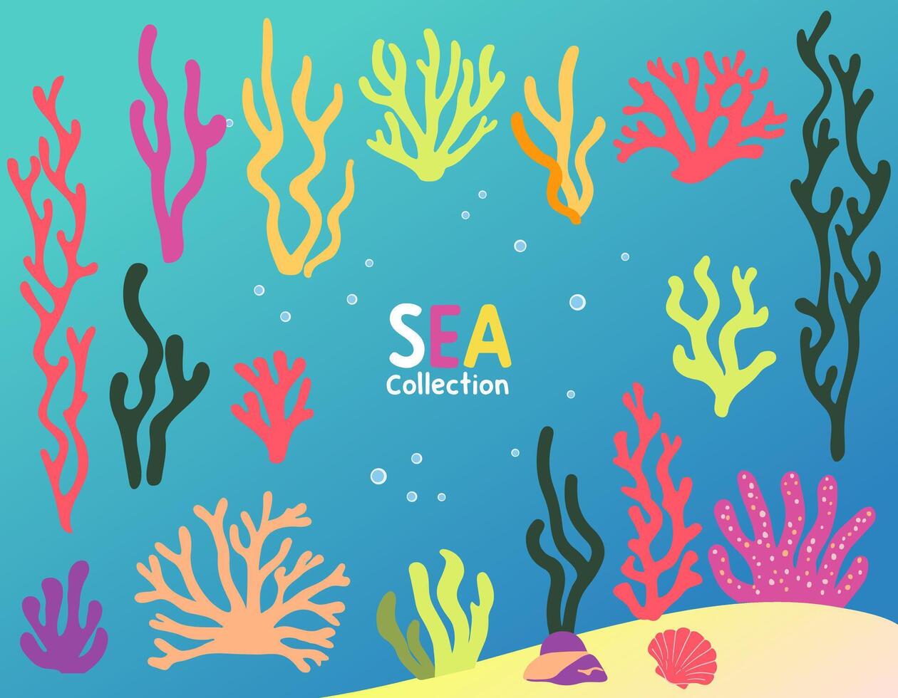 Seaweed and coral set. Colorful algae. Inhabitants of the sea. Flat cartoon underwater scene vector