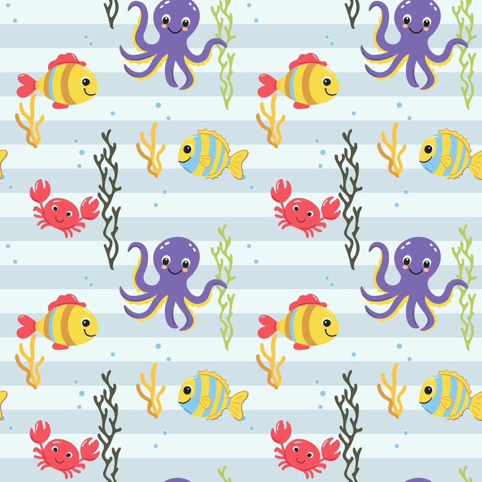 Seamless pattern with cute marine animals. Cartoon sea ornament. Colorful background with ocean underwater characters. vector