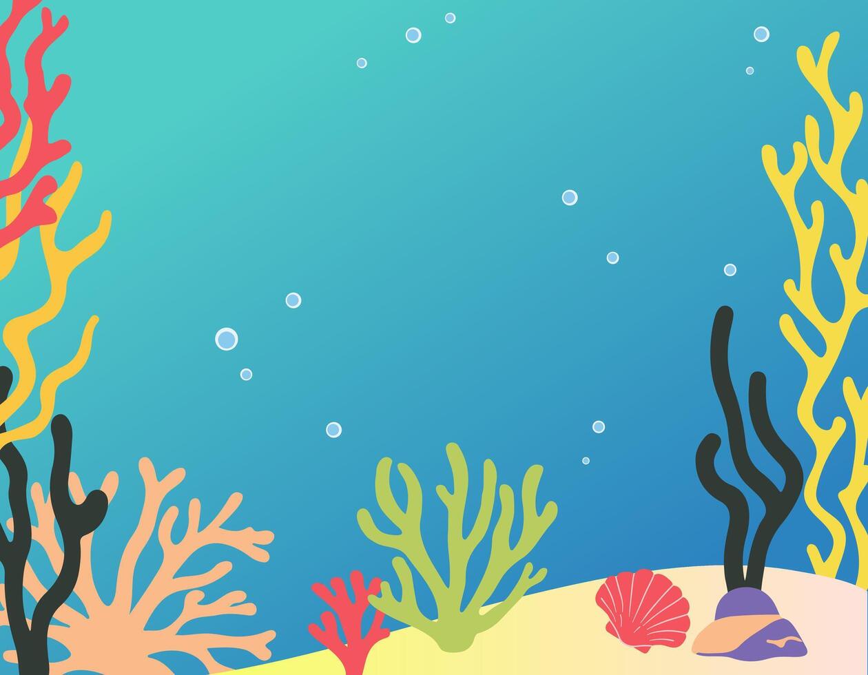 Empty background underwater world. Sand, algae, corals. Flat cartoon scene with sea life vector
