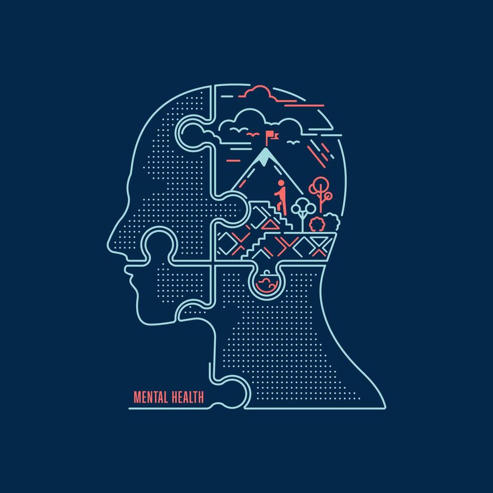 concept of mental health or neuroscience, graphic of jigsaw man with motivational brain vector