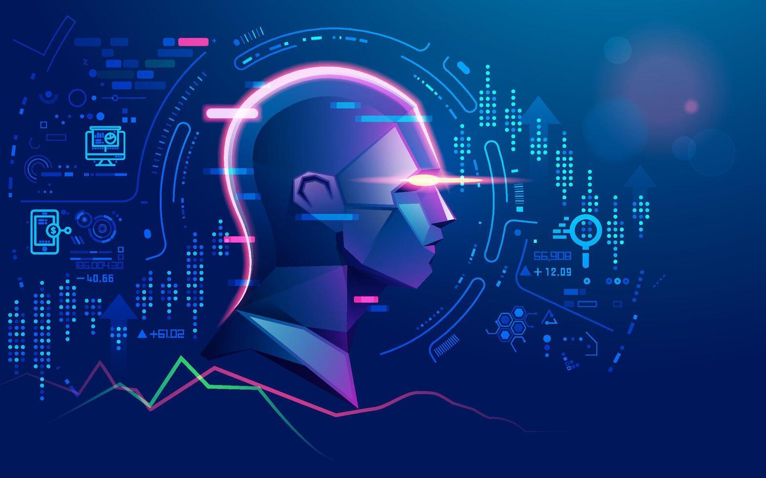 concept of robot trading or deep learning, graphic of artificial intelligence with futuristic interface vector