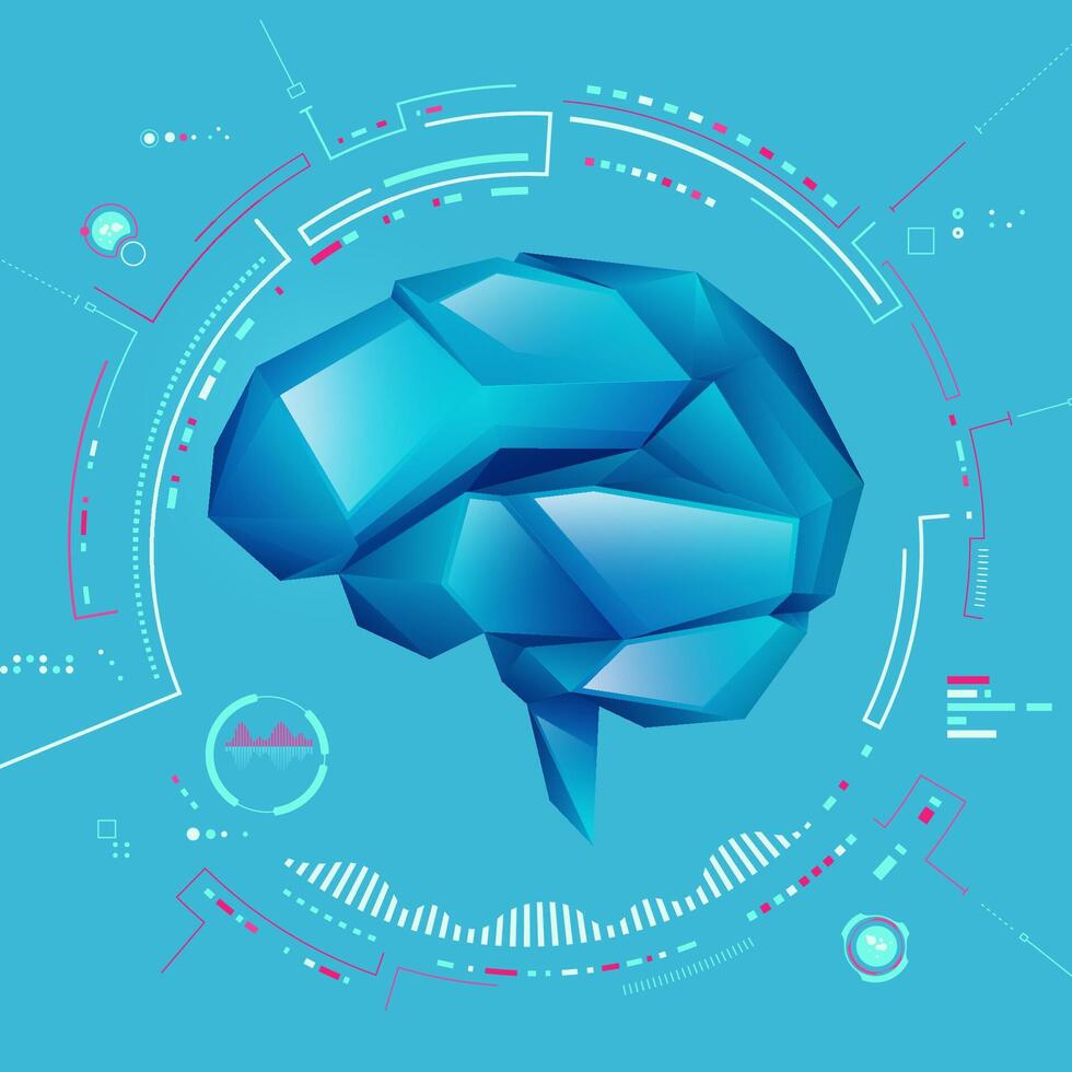 concept of deep learning or brain analysis, graphic of low poly brain with futuristic interface vector