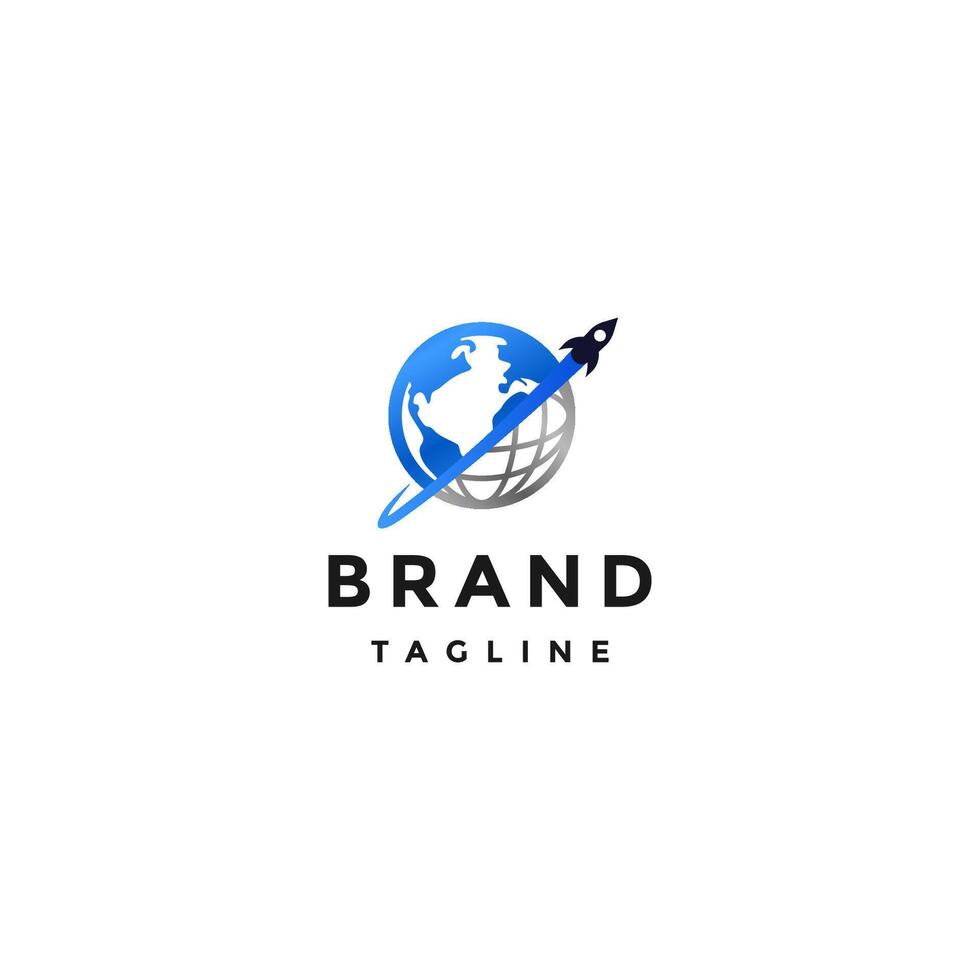 Rocket Around Globe Earth Logo Design. Rocket Launches Between Globe Equator and Earth Logo Design. vector