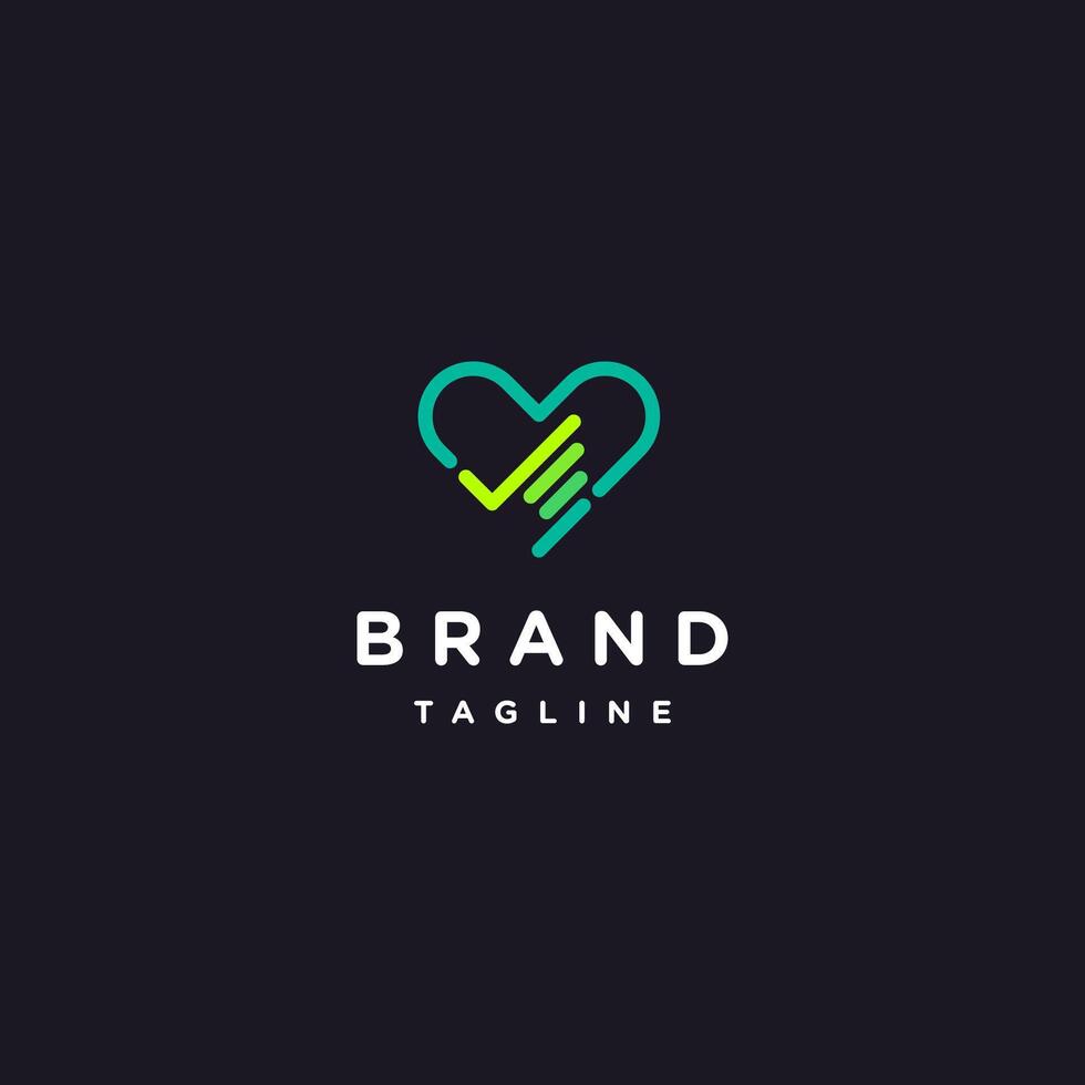 Check Hand Icon in Heart Simple Lines Symbol Design. Simple Green Choice Lovers Logo Design. vector