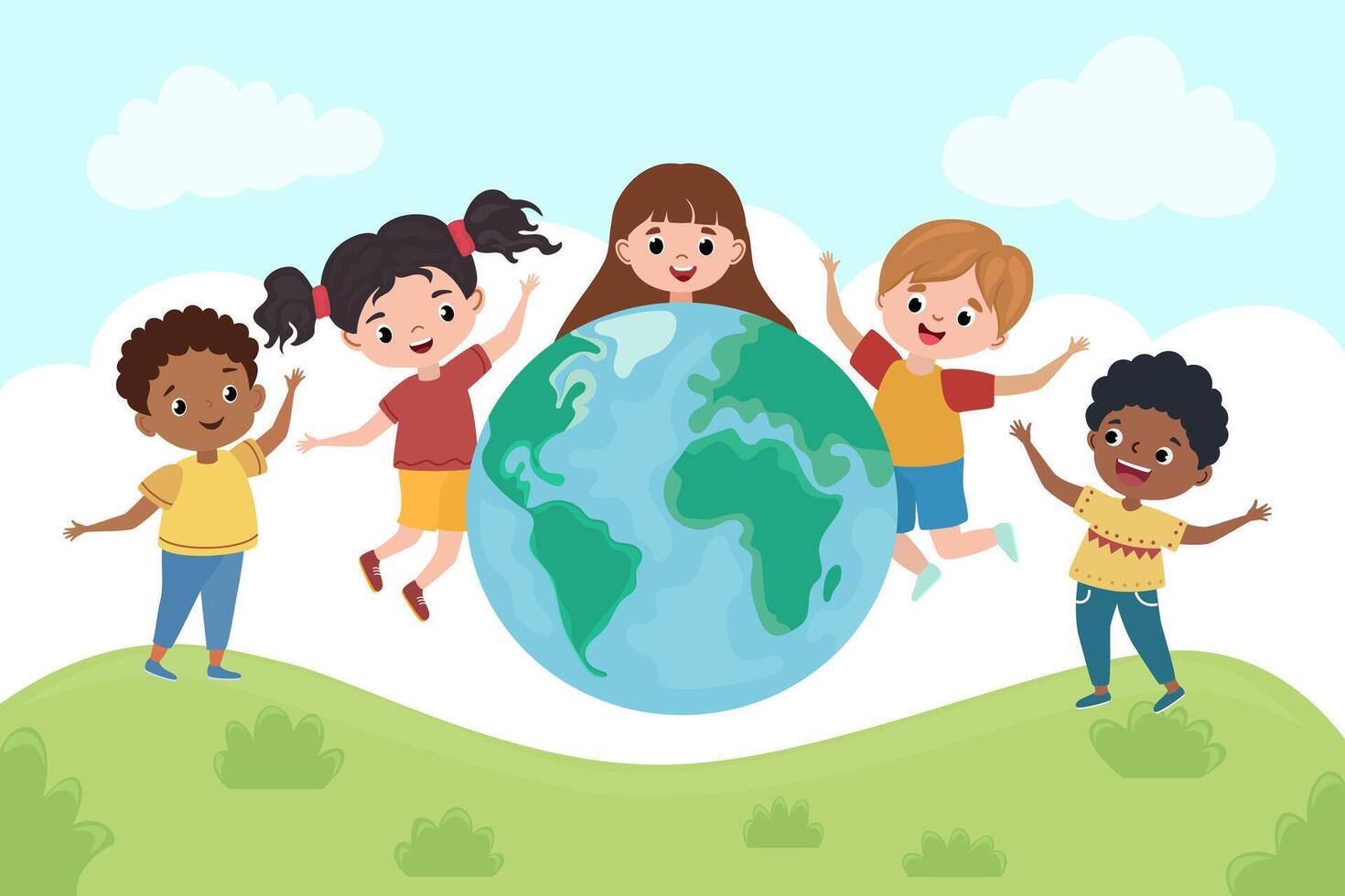 Happy children jumping with a globe. Concept of peace, childhood, education, ecology. vector