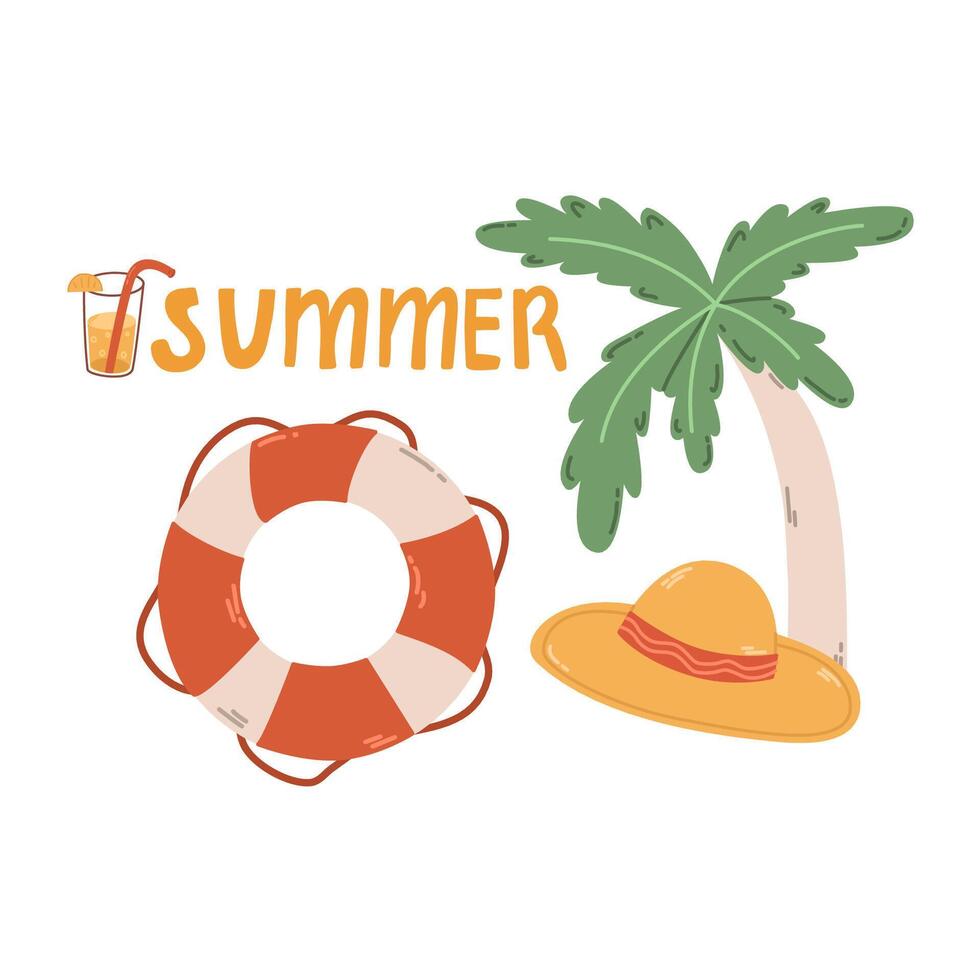 Summer sea beach background with greeting. Hello summer, set of elements on the sand. Beach hat, palm tree and lifebuoy vector