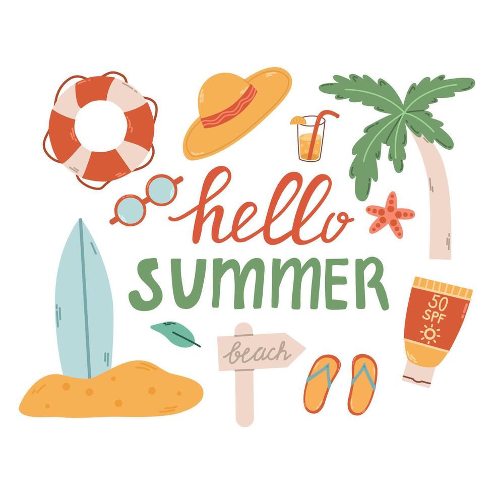Set cute summer holiday beach elements. Hand drawn illustration. Scandinavian style flat design. Concept for kids print. vector