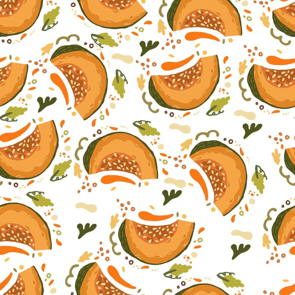 orange falling pumpkins seamless repeat pattern background. Symbol of Halloween and Thanksgiving. Great for fall themed designs, invitation, fabric, packaging projects. vector