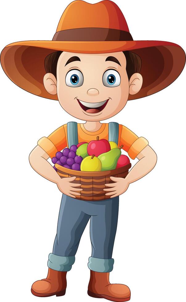 Cartoon boy holding a basket of fruits vector