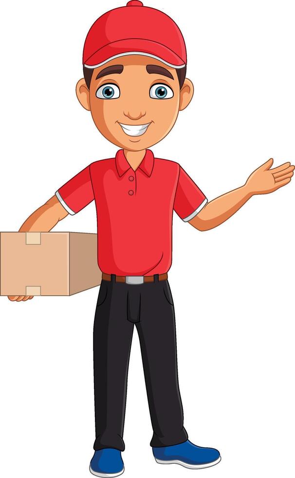 Illustration of cartoon delivery man holding a package vector