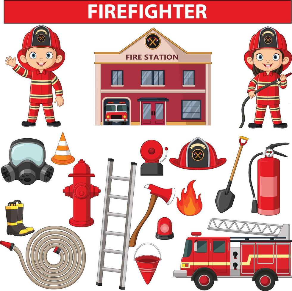 Set of cartoon fireman element vector