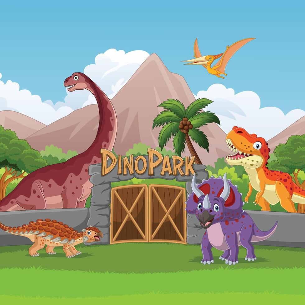 Cartoon dinosaur park with various dinosaur vector