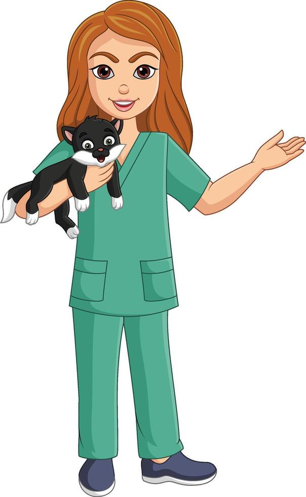 Illustration of cartoon veterinarian holding a black and white cat vector